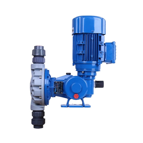 Side view of blue Dialed In Precision Diaphragm Metering Pump MS1A064A for accurate fluid dosing and steady flow in industrial use