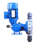 Side view of Dialed In Precision Diaphragm Metering Pump MS1A064A for accurate fluid dosing, blue industrial equipment.