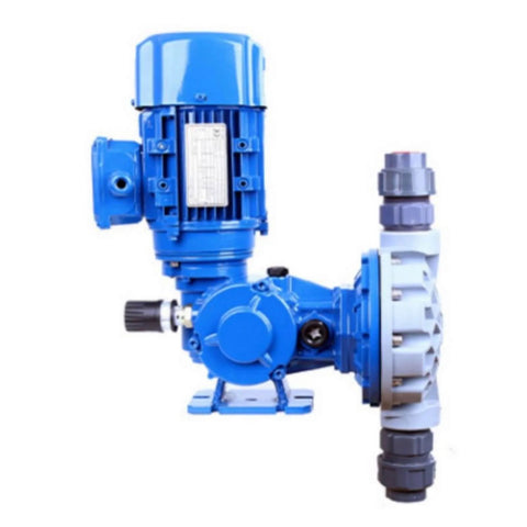 Side view of Dialed In Precision Diaphragm Metering Pump MS1A064A for accurate fluid dosing, blue industrial equipment.