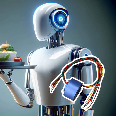 Robot holding food tray beside six wire through hole slip ring with 12.7mm hole diameter and 54mm outer diameter, 380V AC DC 10A.