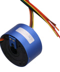 Six Wire Through Hole Slip Ring with 12.7mm hole, 54mm OD, aluminum, showing colorful wires and blue housing for rotating gear applications