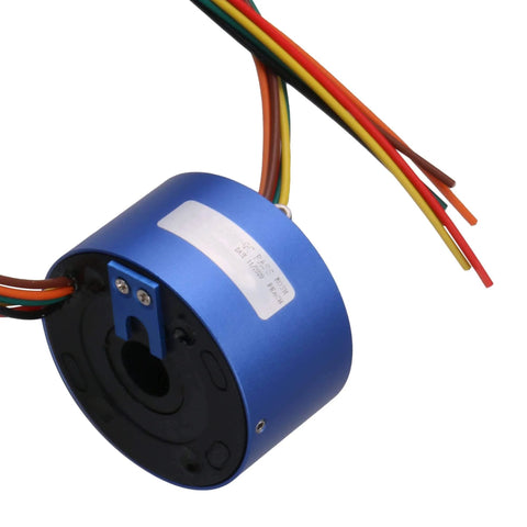 Six Wire Through Hole Slip Ring with 12.7mm hole, 54mm OD, aluminum, showing colorful wires and blue housing for rotating gear applications