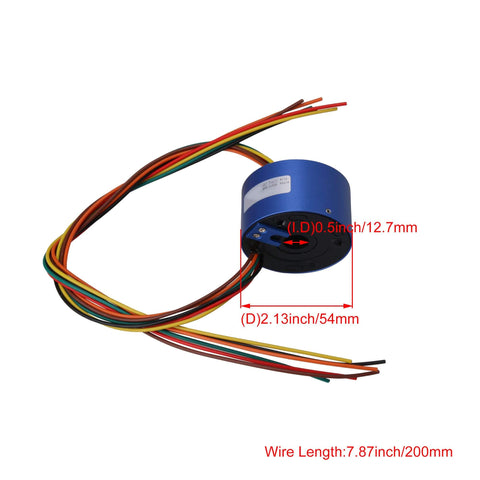 Six Wire Through Hole Slip Ring With 12.7mm Hole Diameter And 54mm Outer Diameter, blue aluminum housing, wires attached