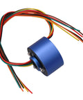 Six Wire Through Hole Slip Ring With 12.7mm Hole Diameter And 54mm Outer Diameter, blue aluminum alloy body, multiple colored wires