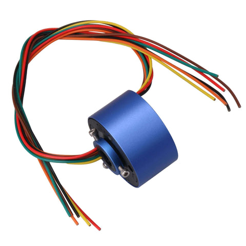 Six Wire Through Hole Slip Ring With 12.7mm Hole Diameter And 54mm Outer Diameter, blue aluminum alloy body, multiple colored wires