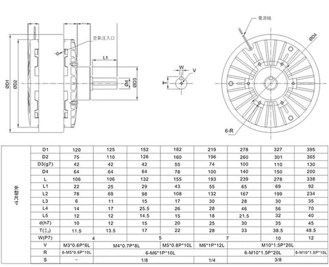 Technical diagram of the Shaft Type Magnetic Particle Brake PB-006 for precise torque control, dimensions included.