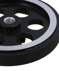 Close-up of Rotary Encoder Wheel 200mm Circumference 6mm Inner Diameter Pro Grade Aluminum and Rubber Construction.