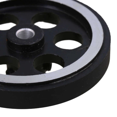 Close-up of Rotary Encoder Wheel 200mm Circumference 6mm Inner Diameter Pro Grade Aluminum and Rubber Construction.