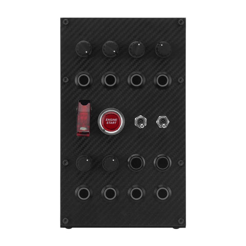 Front view of Programmable Sim Racing Button Box with rotary encoders, push buttons, carbon fiber panel, for PC racing games.