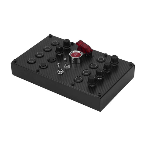 Programmable Sim Racing Button Box with rotary encoders, momentary push buttons on a carbon fiber panel and full metal housing for gaming.