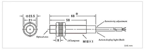 Technical drawing of proximity sensor and photoelectric switch with 50 cm adjustable detection distance in machinery