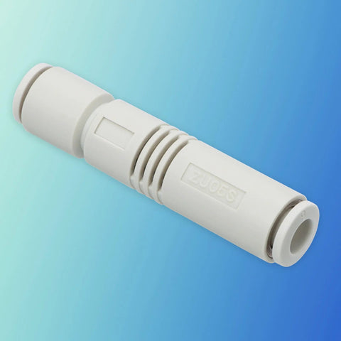 Push-In 6mm Pneumatic Vacuum Ejector, No Tools Needed One-Touch Tube Fitting, white straight tube with model ZU05S marking