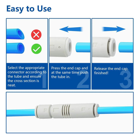Push-In 6mm Pneumatic Vacuum Ejector setup instructions, demonstrating one-touch tube fitting with blue tubing, Model ZU05S.