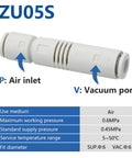 Push-In 6mm Pneumatic Vacuum Ejector ZU05S with air inlet and vacuum port, straight tube type for quick setup with 1/4 inch tubing.