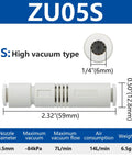 Push-In 6mm Pneumatic Vacuum Ejector ZU05S diagram with dimensions and specifications for quick air line setup