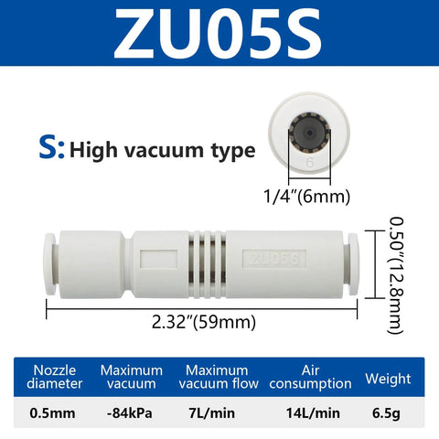 Push-In 6mm Pneumatic Vacuum Ejector ZU05S diagram with dimensions and specifications for quick air line setup