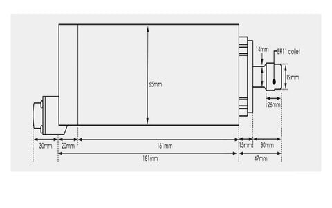 Technical diagram of 800W ER11 CNC Spindle Motor Air Cooled 65mm Mount Home Shop DIY CNC Machining with dimensions and ER11 collet details