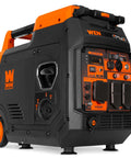 Quiet Dual Fuel Inverter Generator With Electric Start 4800 Surge Watts 4000 Rated RV Ready, shown with control panel and wheels