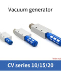 Quiet Pneumatic Vacuum Generator With Silencer For Low Noise Industrial Automation, CV series 10/15/20 with blue mufflers