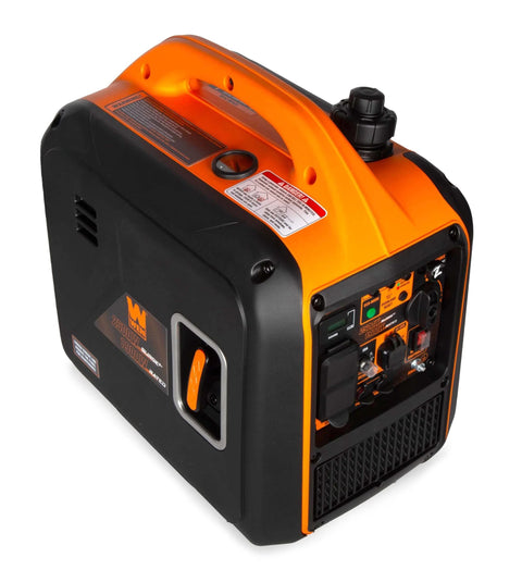 Quiet 2500-Watt Inverter Generator With Clean Power For Sensitive Electronics, side view showing port outlets and controls.
