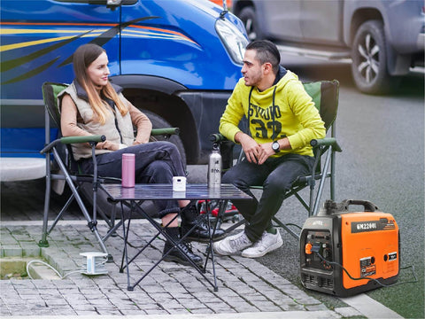 Couple camping with Ultra Quiet 2200W Inverter Portable Generator With Eco Mode Backyard Ready Power For Home Use And Camping