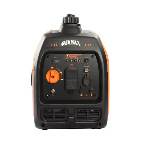 Front view of the Genmax Ultra Quiet 2200W Inverter Portable Generator With Eco Mode, showcasing control panel and outlets.