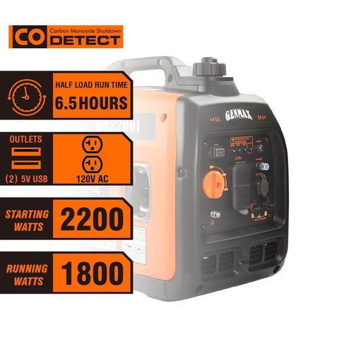 Ultra Quiet 2200W Inverter Portable Generator With Eco Mode showing power settings, USB outlets, CO detect feature, side view