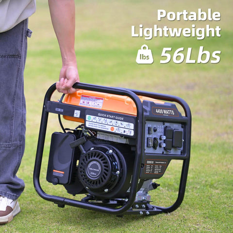 4400-Watt Inverter Generator With 3400 Running Watts for home backup, RV ready, lightweight design, shows person carrying it on grass