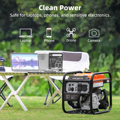4400-Watt Inverter Generator With 3400 Running Watts for Beefy Home Backup Power in garden, powering laptop and electronics