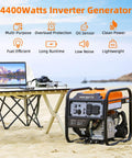 4400-Watt Inverter Generator with 3400 running watts on beach, gas-powered, open frame, RV ready, 30A RV outlet, efficient power source