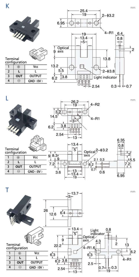 Diagram and dimensions of Slot Reflective Photoelectric Sensor Switch 940nm Infrared Module Plug And Play For 5 To 24V DC