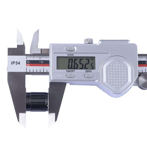 Close-up of digital caliper measuring rotary encoder knob in 5 Pack 360 Degree Rotary Encoder Code Switch Digital Potentiometer kit