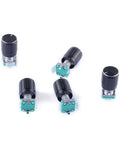 5 Pack 360 Degree Rotary Encoder Code Switch Digital Potentiometer with Push Button and 5 Pins, Knob Caps Included, top view.