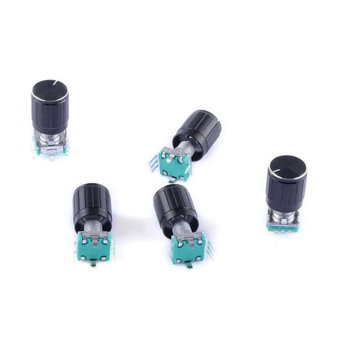 5 Pack 360 Degree Rotary Encoder Code Switch Digital Potentiometer with Push Button and 5 Pins, Knob Caps Included, top view.