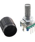 EC11 Rotary Encoder With Push Button 360 Degree 5 Pins And Knob Cap for DIY Audio Projects, shown with separate knob and encoder.