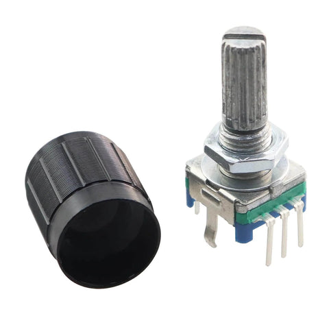 EC11 Rotary Encoder With Push Button 360 Degree 5 Pins And Knob Cap for DIY Audio Projects, shown with separate knob and encoder.