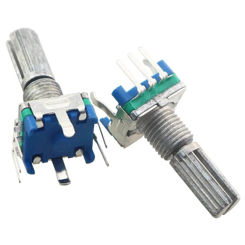 Close-up of EC11 Rotary Encoder with Push Button 360 Degree 5 Pins and Knob Cap for DIY Audio Projects, featuring plum blossom handle.