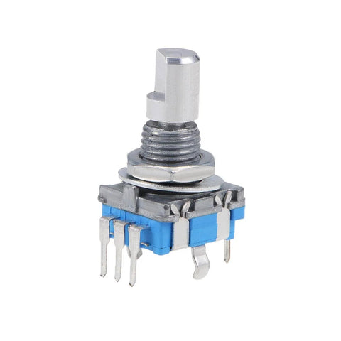 Close-up of 360 Degree Rotary Encoder With Code Switch Digital Potentiometer 5 Pins 15mm D Shaft for DIY Projects.