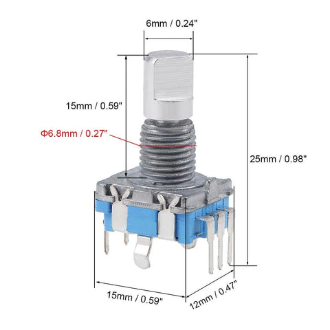 Close-up of a 360 Degree Rotary Encoder with Code Switch, 5 pins, 15mm D shaft, pack of 10, suited for DIY projects and electronics enthusiasts
