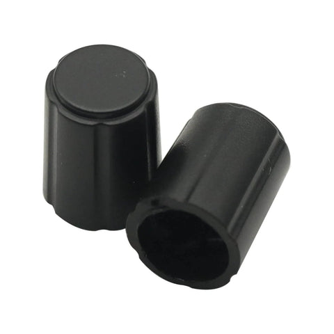 Two 6mm black ABS knob caps for KY 040 encoders shown in side and top views, focus keyword: 10Pcs Potentiometer Knob Caps For KY 040 360 Degree Rotary Encoder D Type 6mm Half Shaft ABS Black A15 Brick Sensor Switch Ideal For Electric Guitar Volume And Tone Knobs DIY Electronics.
