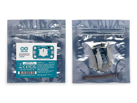 Front and back packaging of Modulino Rotary Encoder Knob with Built-In Push Button for Precise Digital Control in IoT Projects.