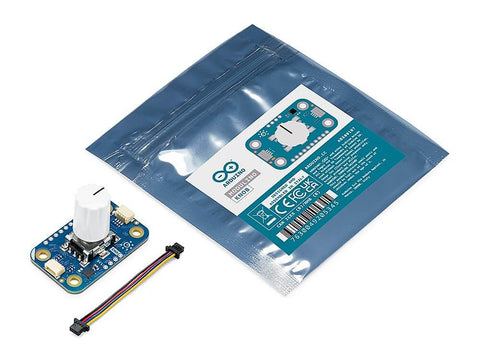 Modulino Rotary Encoder Knob with Built-In Push Button for Precise Digital Control in IoT projects, shown with packaging and cable.