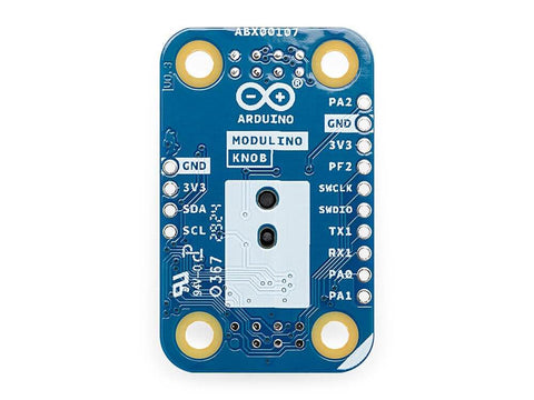 Close-up of the back of a Modulino Rotary Encoder Knob with built-in push button, showcasing connection points for digital control in IoT projects.