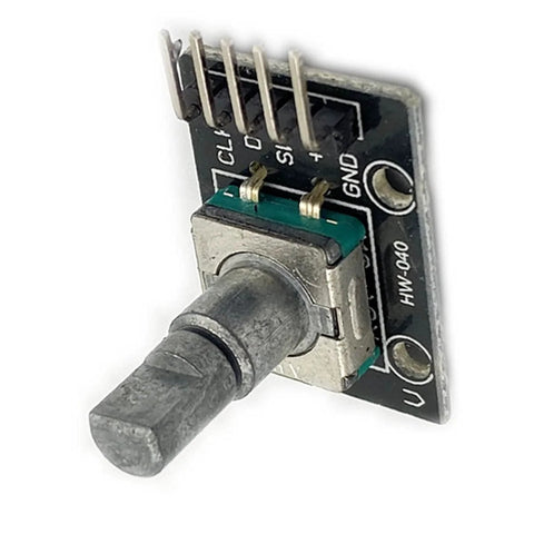 Close-up of a KY 040 rotary encoder module with pins for Arduino, fits Two Pack KY 040 Rotary Encoder Modules For Arduino Raspberry Pi And STM32 Development Boards 360 Degree Incremental Encoders With 20 Pulses Per Revolution EMD 2P Compatible Easy Plug And Play Sensor Kit For Hobbyists And Makers