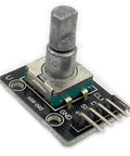 Close-up of a KY 040 Rotary Encoder Module for Arduino Raspberry Pi and STM32, showing metallic knob and five-pin interface.