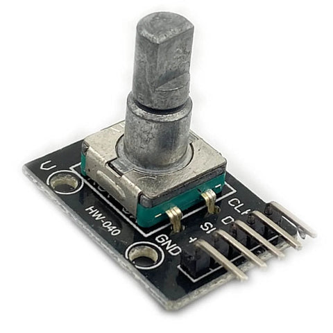 Close-up of a KY 040 Rotary Encoder Module for Arduino Raspberry Pi and STM32, showing metallic knob and five-pin interface.