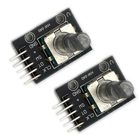 Top view of Two Pack KY 040 Rotary Encoder Modules for Arduino Raspberry Pi and STM32 Development Boards, showing dual encoders.