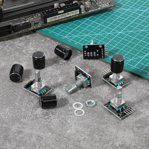 Five Pack KY-040 Rotary Encoder Modules with Aluminum Knob Caps 360 Degree Rotation 15 x 16.5 Mm Size Black Finish Kit