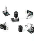 Five Pack KY-040 Rotary Encoder Modules With Aluminum Knob Caps for prototyping, featuring black finish and 360-degree rotation.