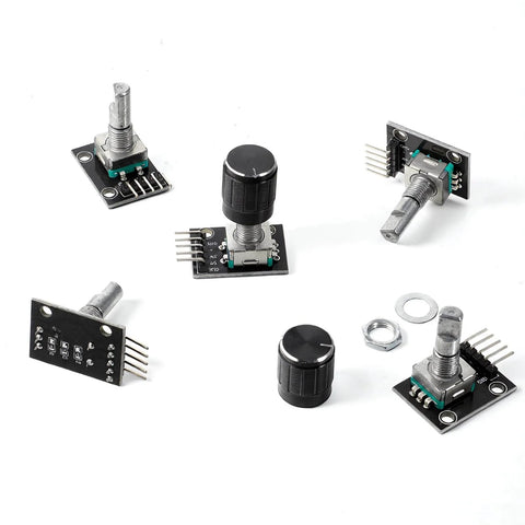 Five Pack KY-040 Rotary Encoder Modules With Aluminum Knob Caps for prototyping, featuring black finish and 360-degree rotation.